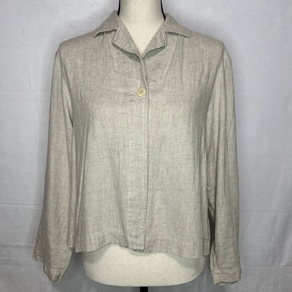Eileen Fisher Tan One-Button Shirt Jacket Linen Rayon Blend Sz Petite Small PS - Picture 1 of 7